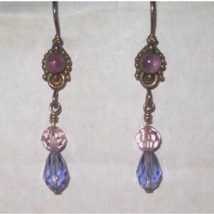 Vintage Crystals Purple Cabochon Stone Brass Gold Tone Hook Earrings